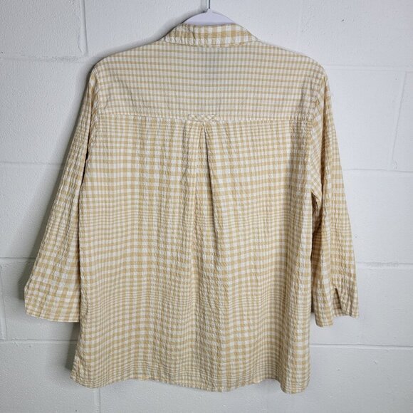 Ali Miles Yellow Checkered Gingham Tunic Top Medium Button Down Flowy 3/4 Sleeve - Picture 2 of 6
